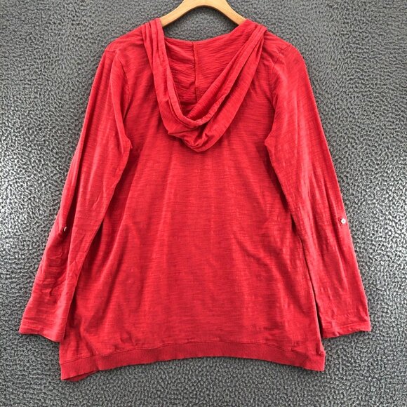 J Jill Hoodie Womens Extra Small Orange Roll Tab Sleeves Knit V Neck Pocket Tee* - Picture 3 of 11